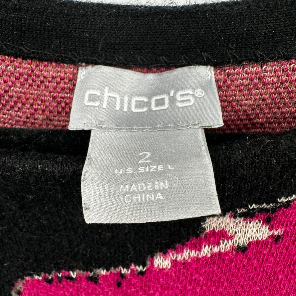 Chicos Black Pink Floral Leopard Knit Top 3/4 Sleeve Size 2 Large Artsy Bold - Picture 3 of 8